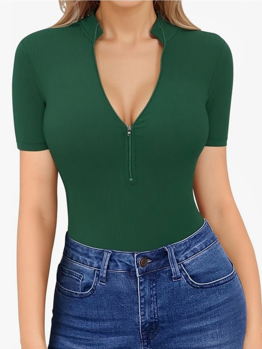 Dark green Zip-Neck Short Sleeve Top